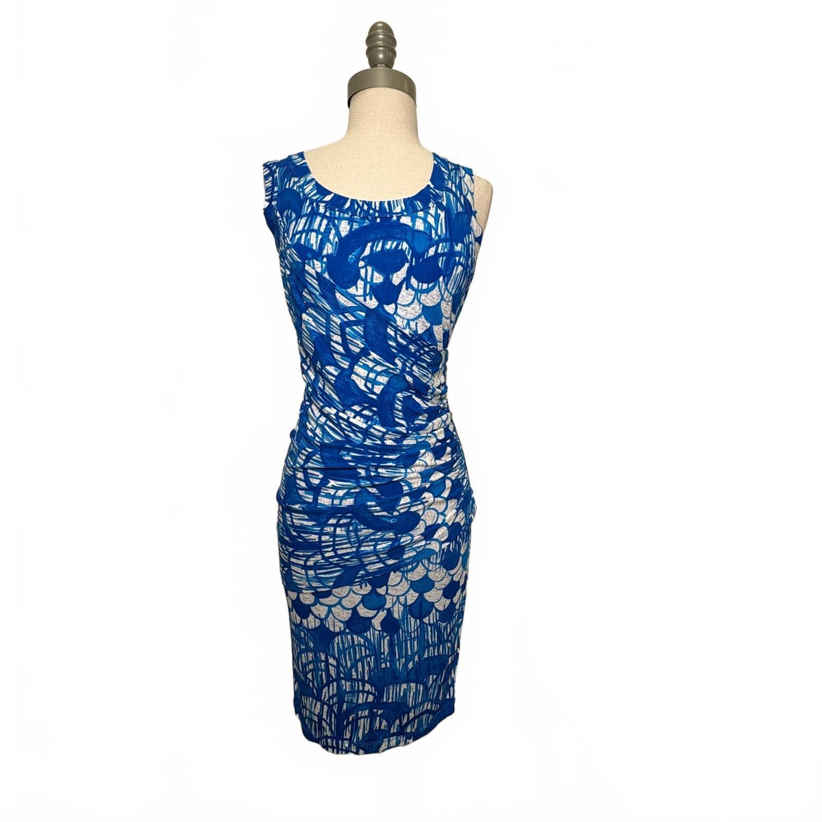 Plenty by Tracy Reese Blue and White Sleeveless Ruched Sheath Dress New