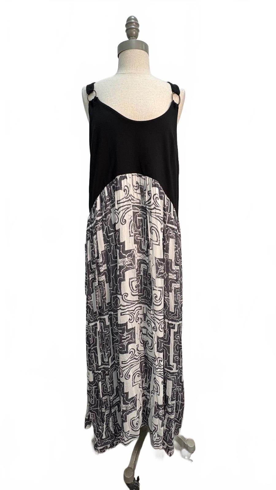Anthropologie Black and White Patterned Maxi Dress with Ring Strap Detail Size M Preloved