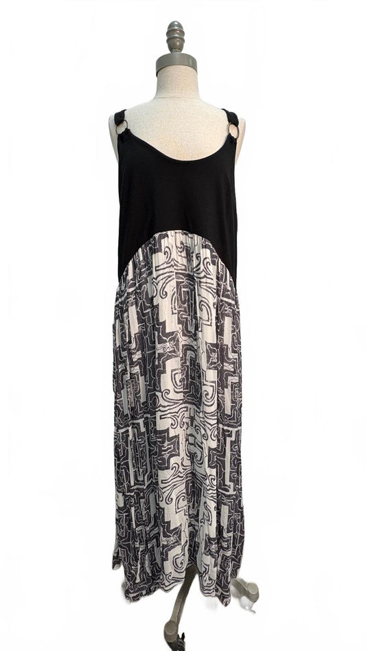 Anthropologie Black and White Patterned Maxi Dress with Ring Strap Detail Size M Preloved