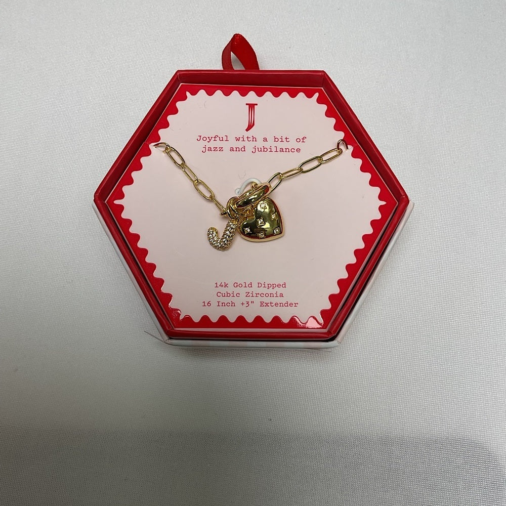 a new day- "J" Initial Gold-Dipped Necklace with Heart & CZ Charm - Gold - New