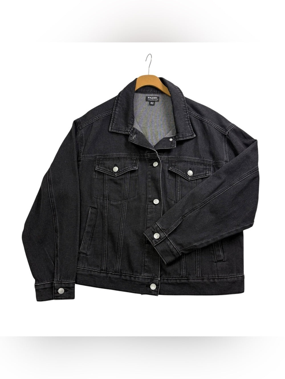 Playboy Jacket by PacSun Black Denim Trucker Bunny Logo Back Graphic, XS/S