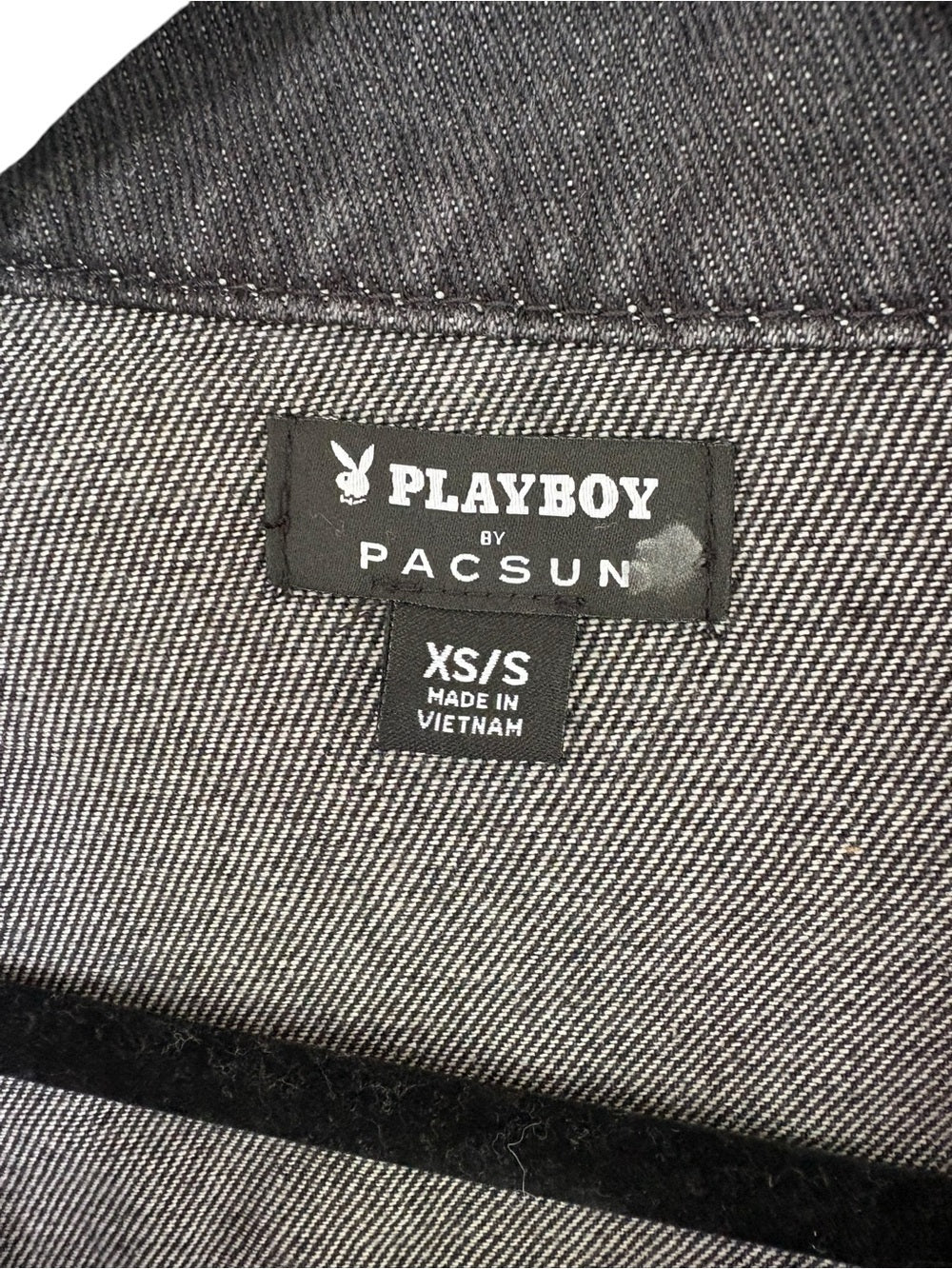 Playboy Jacket by PacSun Black Denim Trucker Bunny Logo Back Graphic, XS/S