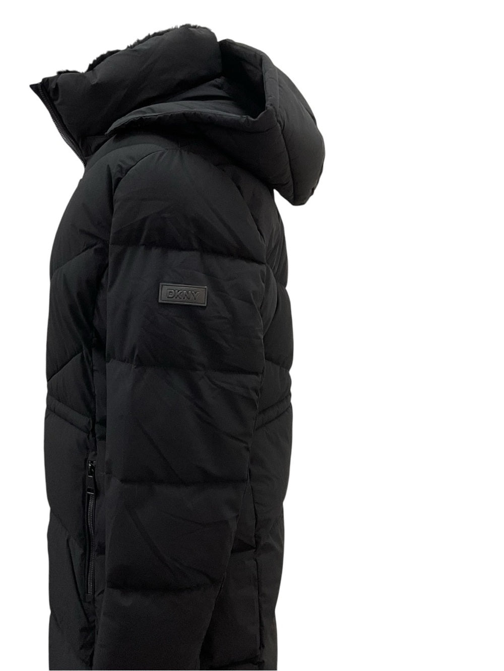 DKNY Black Hooded Long Quilted Puffer Coat Size XS New