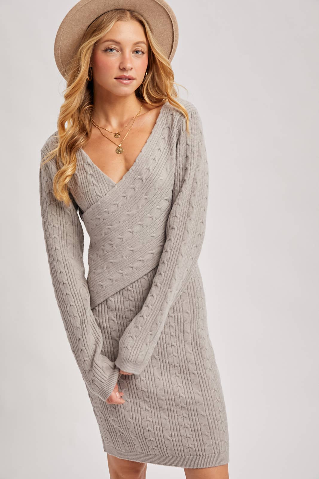 V-NECK CABLE KNIT SWEATER WRAP DRESS