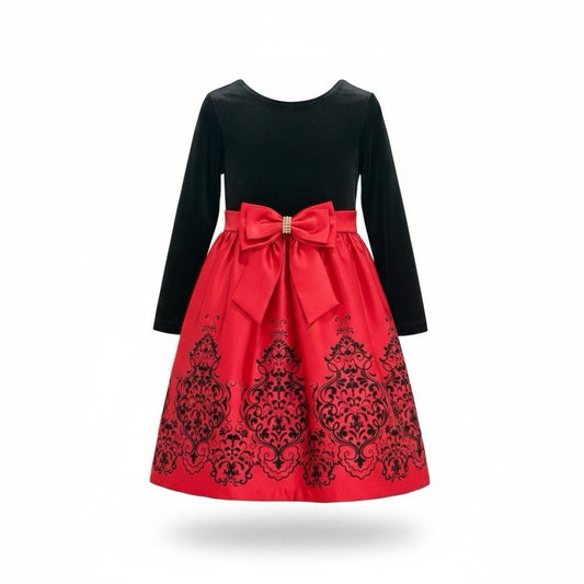 Rare Editions Girls Sz 5 Black Velvet Red Damask Bow Holiday Christmas Dress Preloved