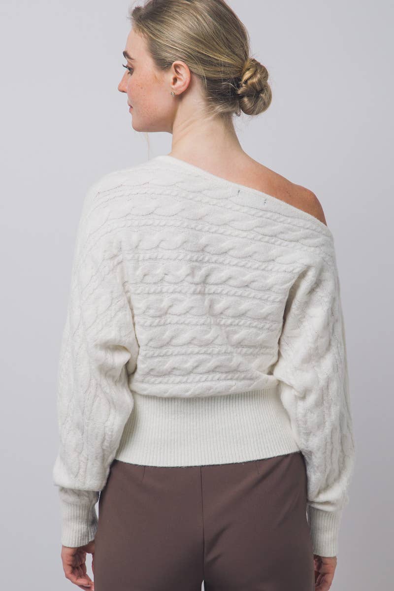 Asymmetric Cable-Knit Off-Shoulder