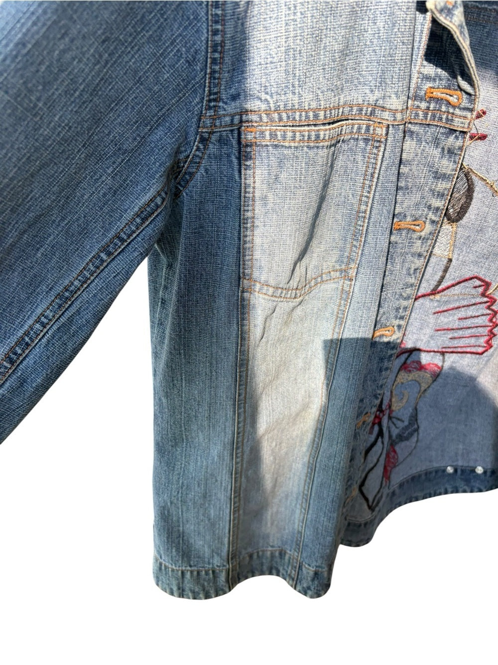 Vintage Chico’s Designed Denim Jacket Sequin Geisha Embroidery Appliqué US 8-10