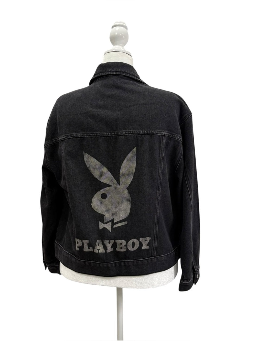 Playboy Jacket by PacSun Black Denim Trucker Bunny Logo Back Graphic, XS/S