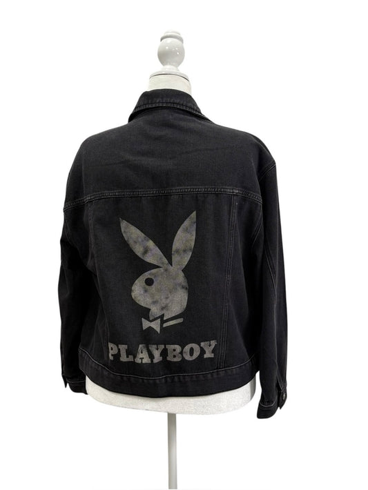 Playboy Jacket by PacSun Black Denim Trucker Bunny Logo Back Graphic, XS/S