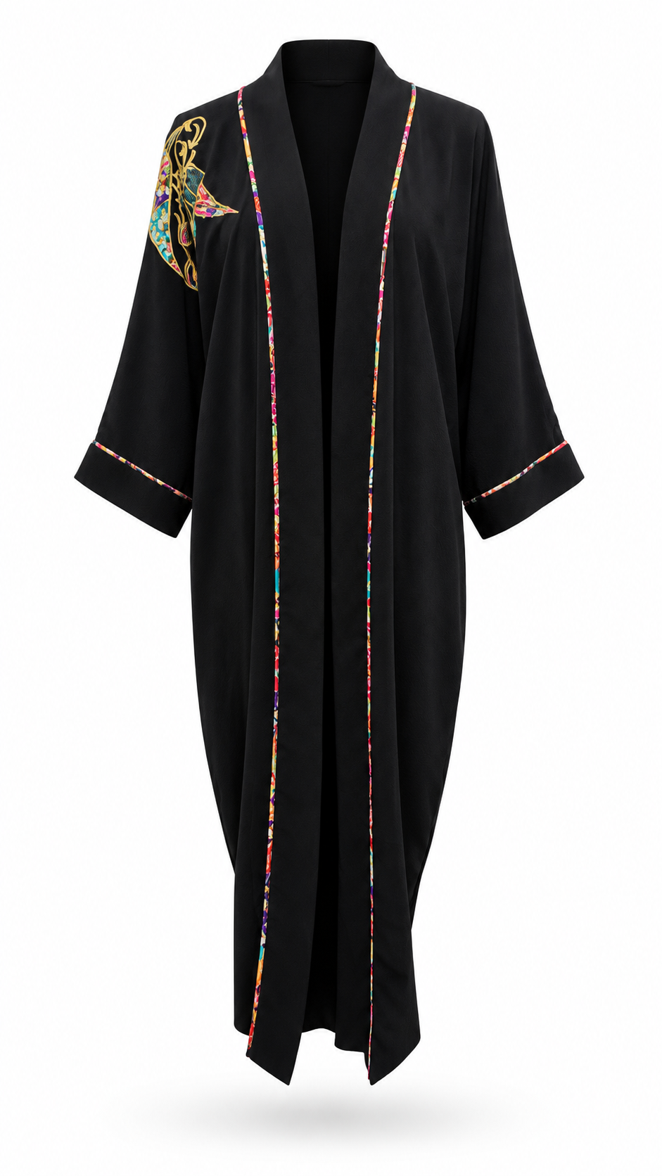 Vintage 80'-90's Josie Petite Black Kimono Style Embroidered Robe Duster OS Preloved
