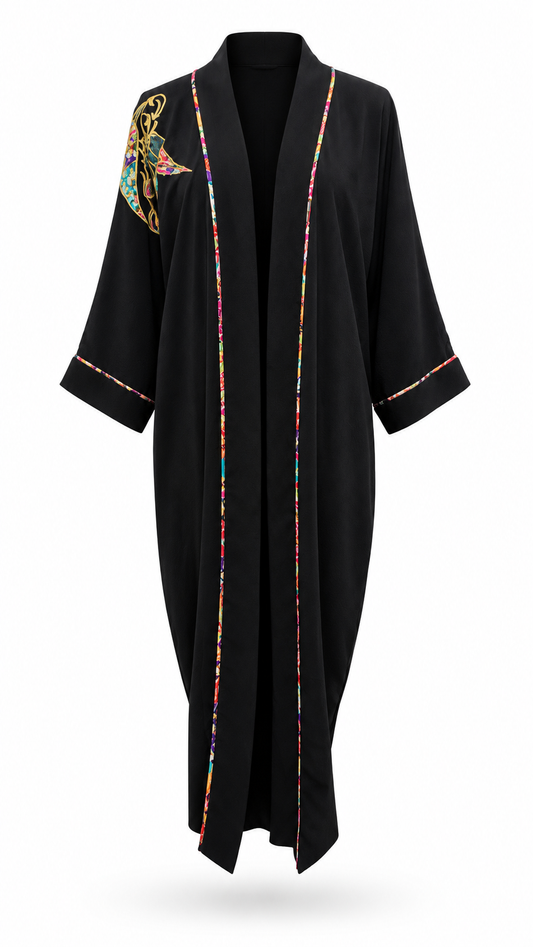 Vintage 80'-90's Josie Petite Black Kimono Style Embroidered Robe Duster OS Preloved
