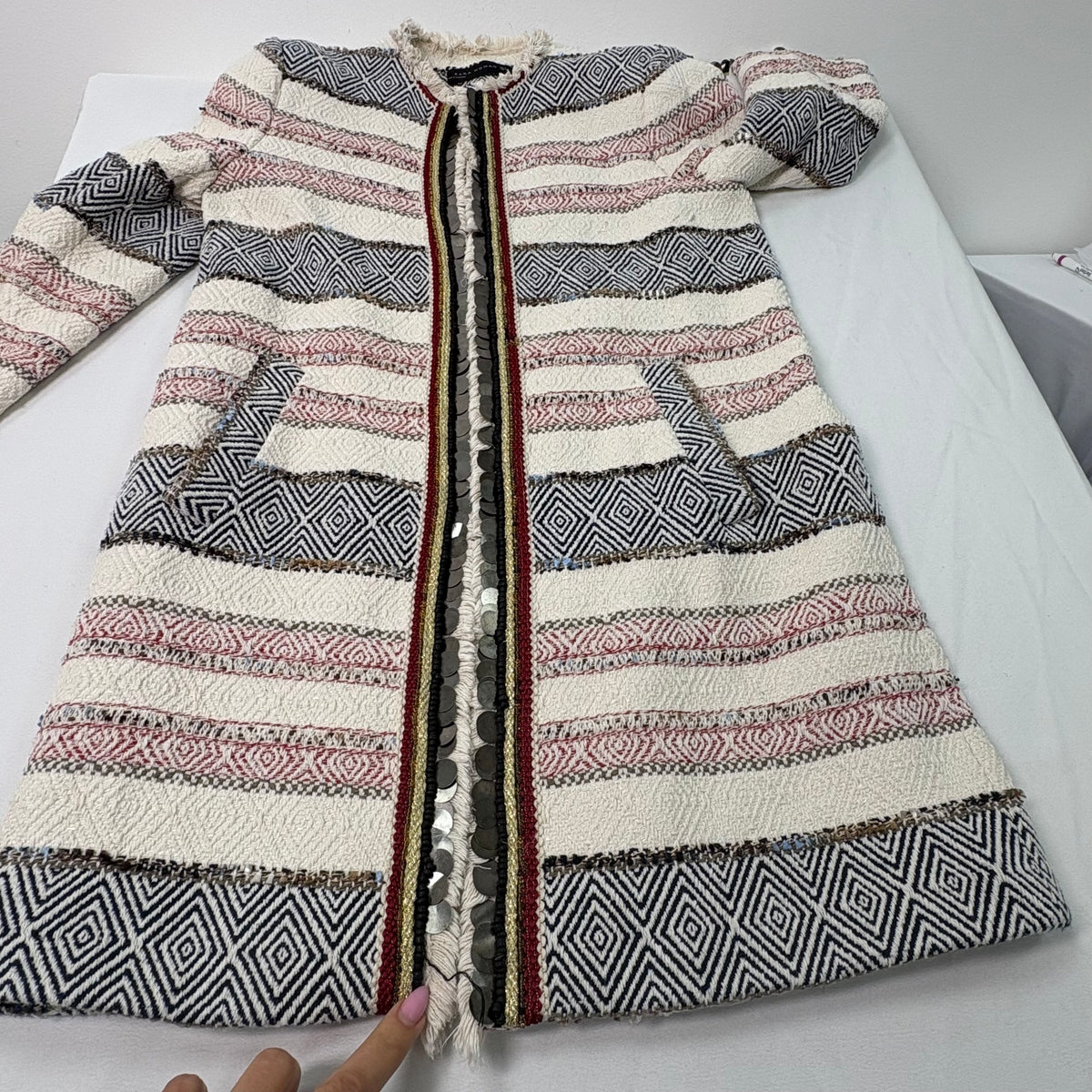 Zara Woman Striped Tweed Long Coat with Fringe Detail Size Small-Preloved
