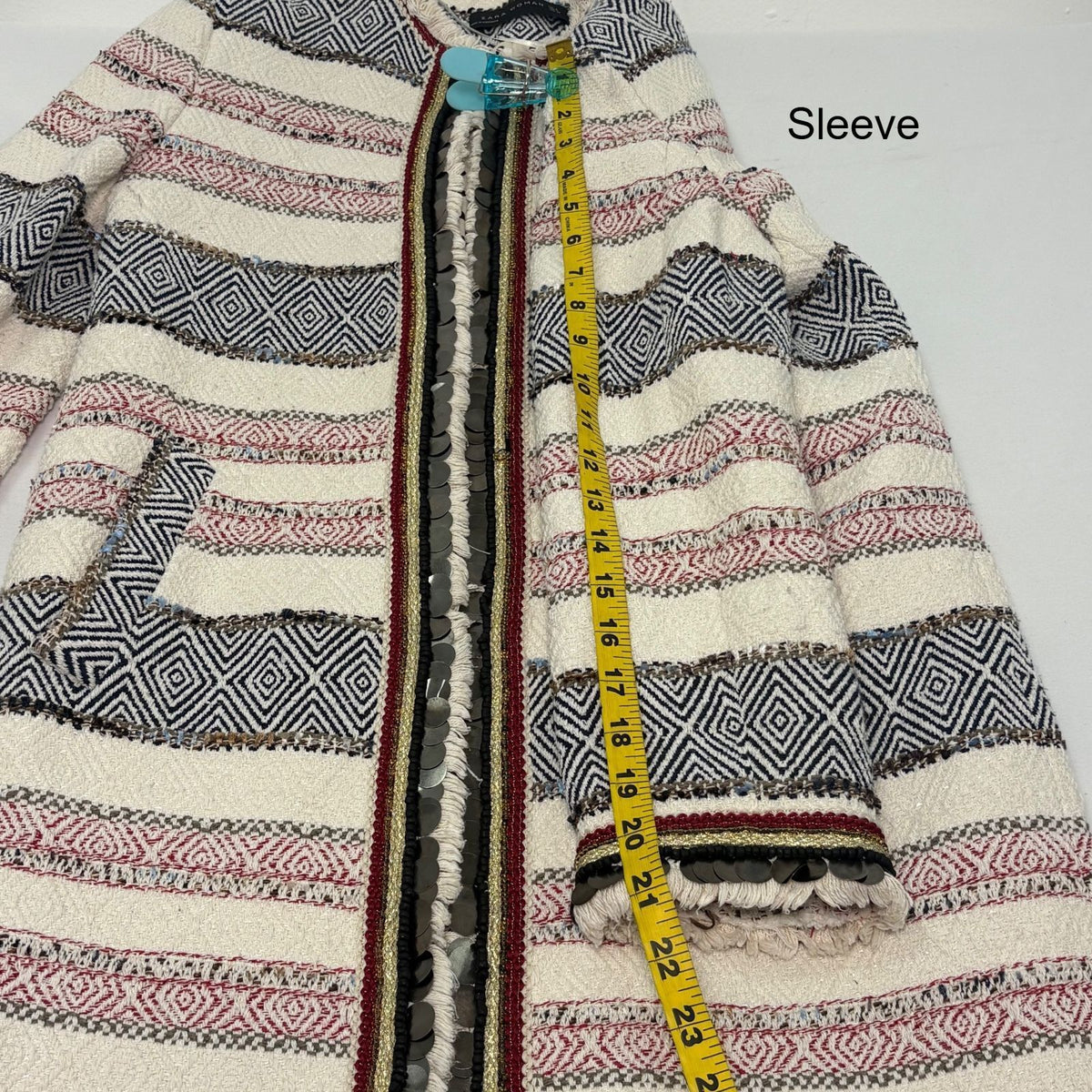 Zara Woman Striped Tweed Long Coat with Fringe Detail Size Small-Preloved