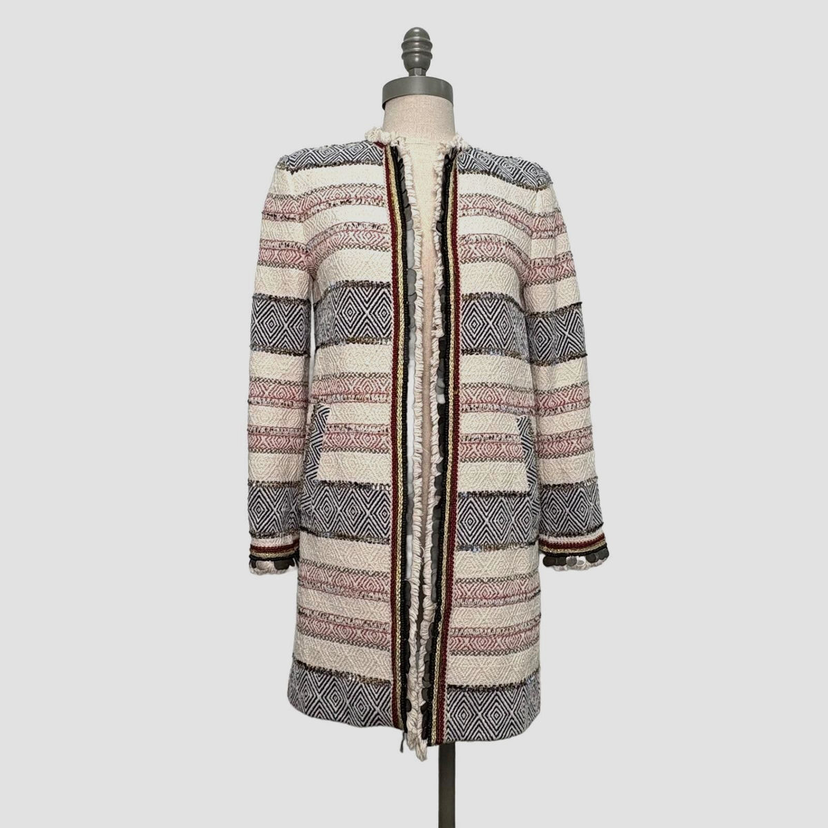 Zara Woman Striped Tweed Long Coat with Fringe Detail Size Small-Preloved