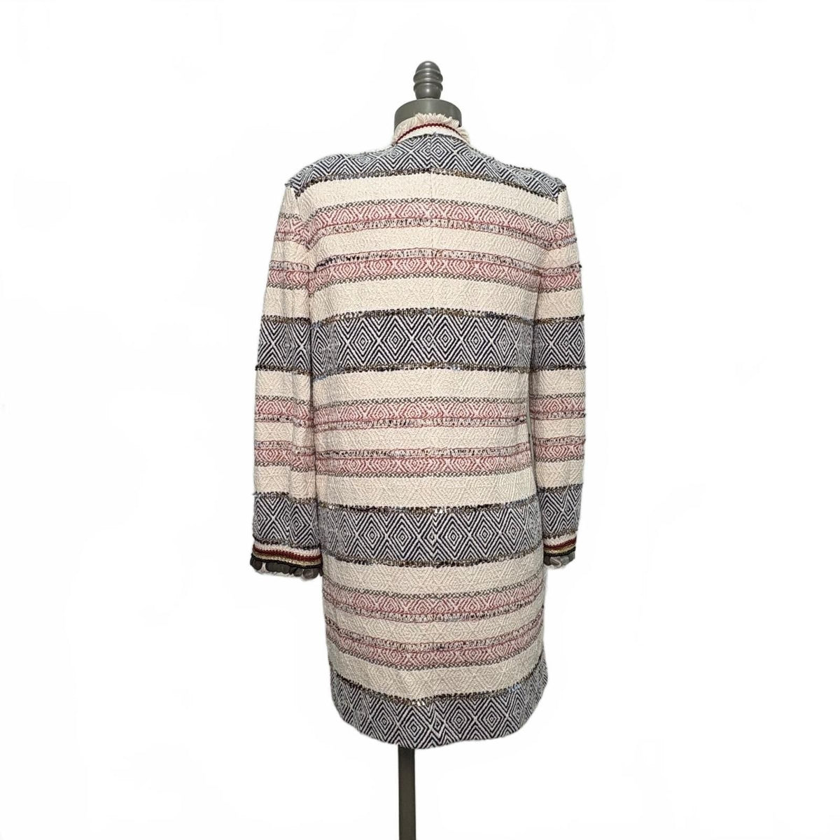 Zara Woman Striped Tweed Long Coat with Fringe Detail Size Small-Preloved