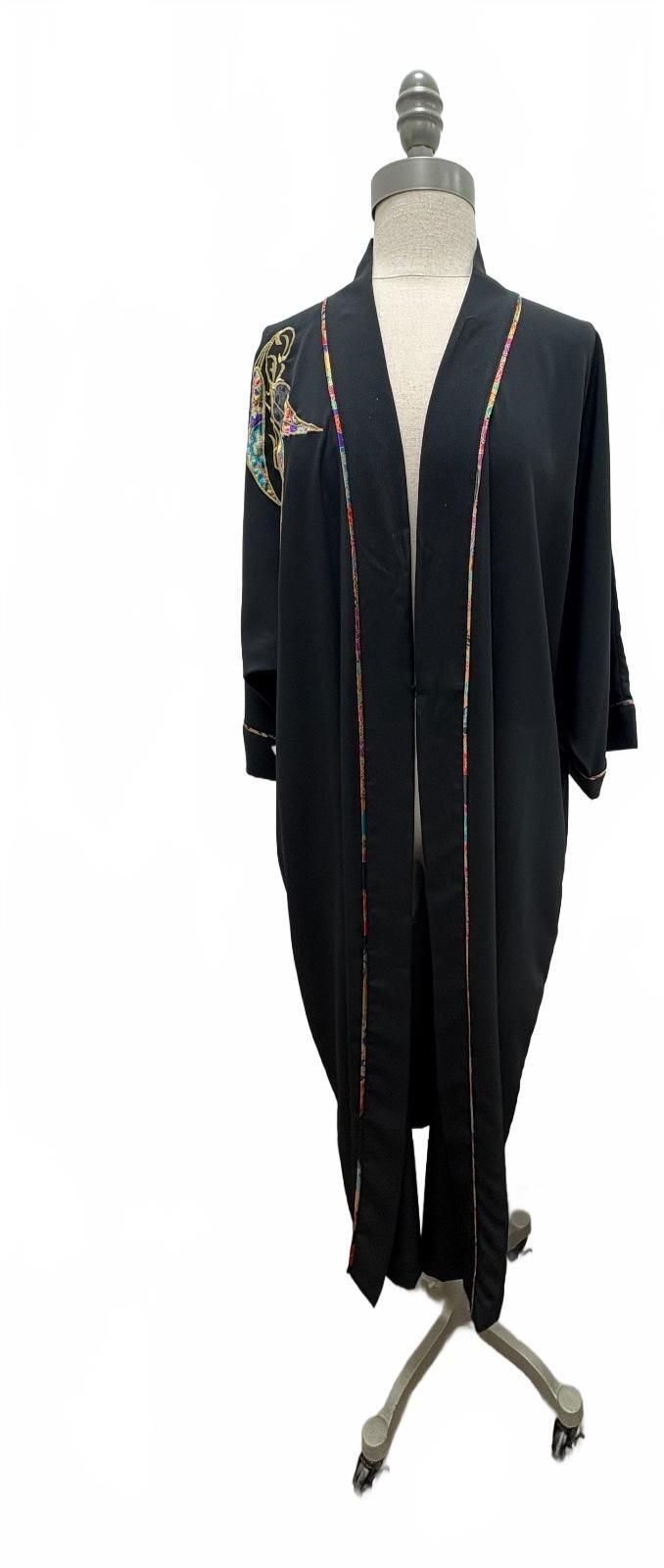 Vintage 80'-90's Josie Petite Black Kimono Style Embroidered Robe Duster OS Preloved