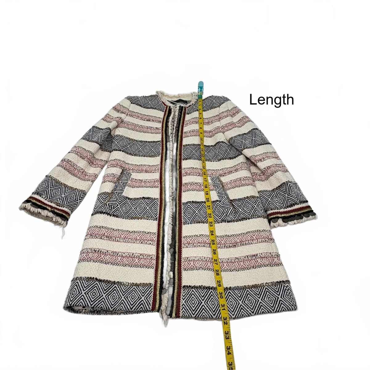 Zara Woman Striped Tweed Long Coat with Fringe Detail Size Small-Preloved