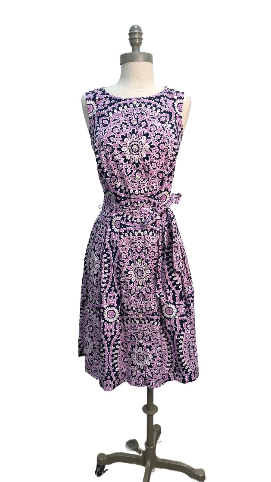 Talbots Petite 2P Sleeveless Cotton Dress Pink Navy Paisley Pattern Waist Tie
