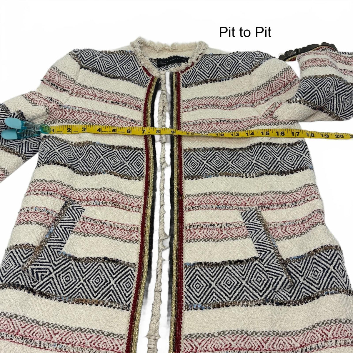Zara Woman Striped Tweed Long Coat with Fringe Detail Size Small-Preloved