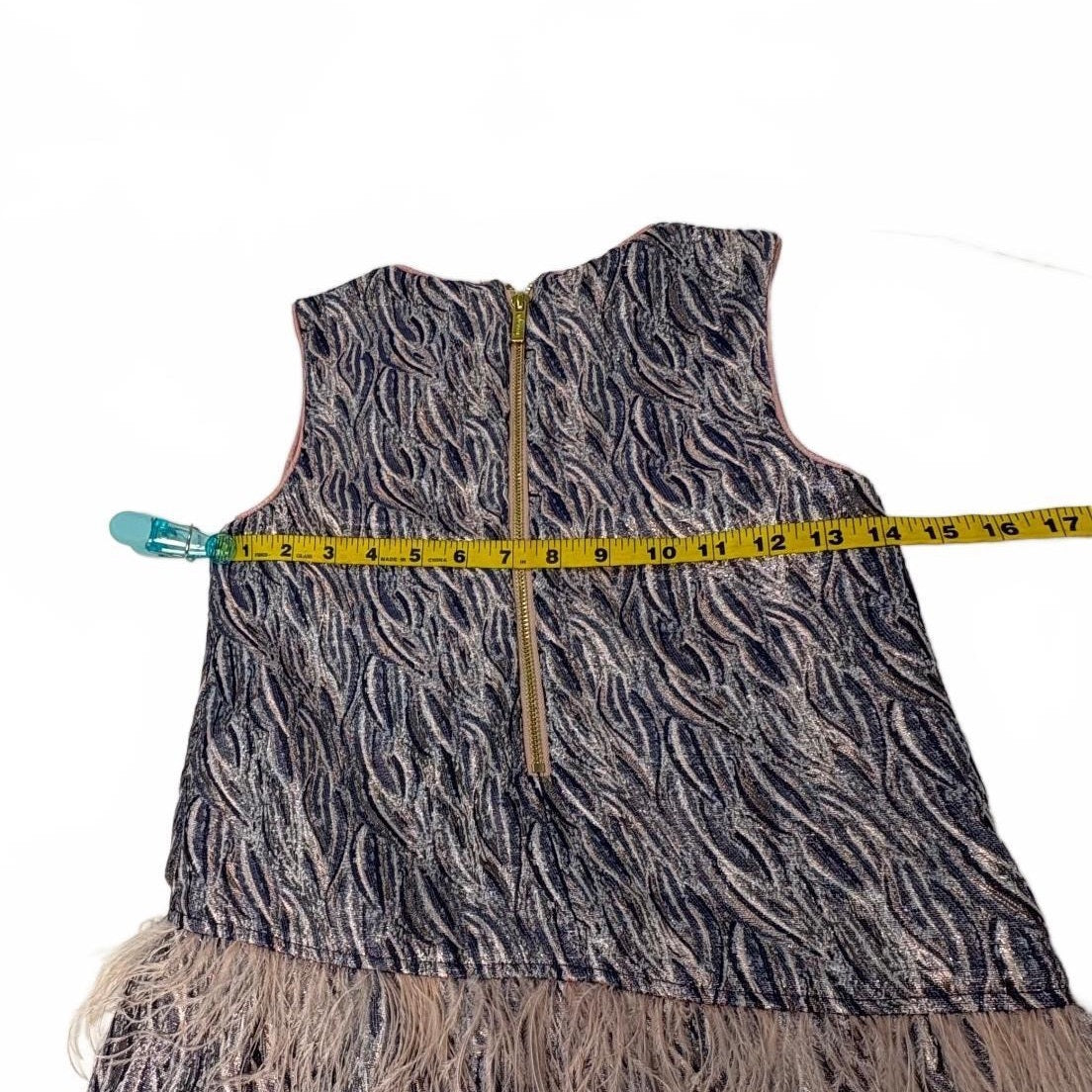 Imoga Girls' Size 10 Sleeveless Metallic Textured Dress with Feather Trim NWOT