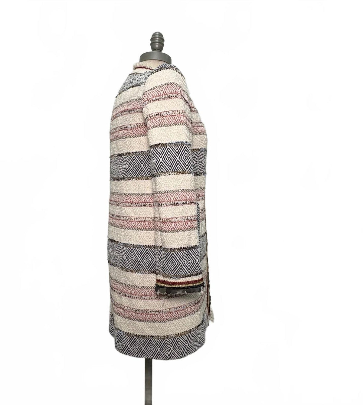 Zara Woman Striped Tweed Long Coat with Fringe Detail Size Small-Preloved
