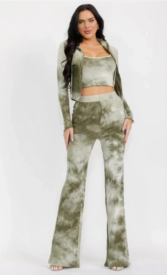 Rosevelvet Women’s Tie Dye Set With Long Sleeve Cardigan, Crop Top & Wide Leg Pants